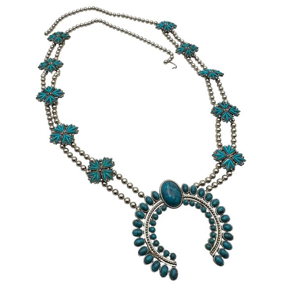 Vintage  Faux Blue Turquoise Silver Tone Squash Blossom Necklace NOS Fashion - Picture 1 of 3